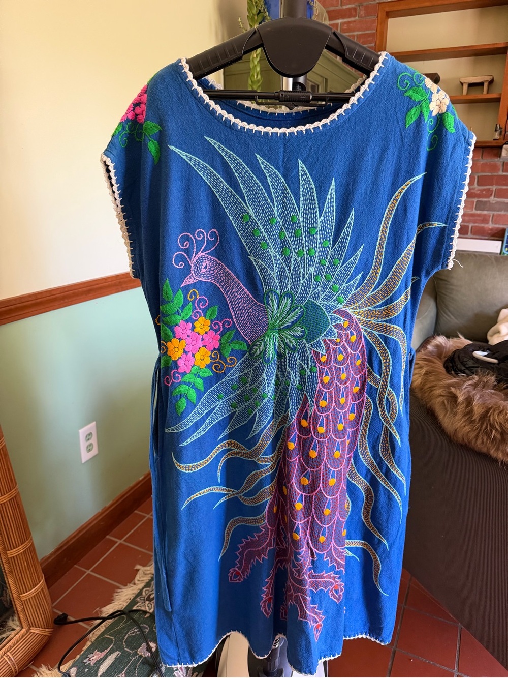 NEW Handmade in Thailand Blue Embroidered Phoenix Floral Shift Dress